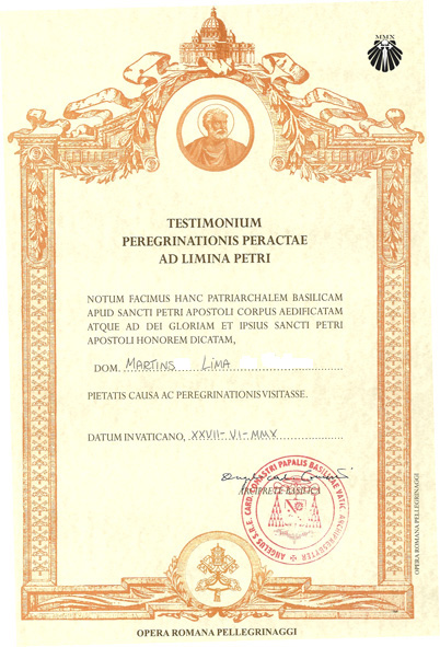 Romana - Certificado de Peregrinacao ao Vaticano